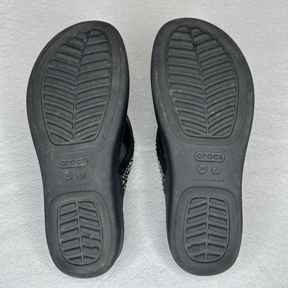 Crocs Wedge Sandals Black Monterey Diamante Womens Sz 7 Studded Platform Thong - Picture 9 of 10